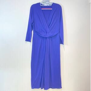 Boden Royal Navy Blue 3/4 Sleeve  Faux Wrap Midi Dress 10 Large Tall  Tencel